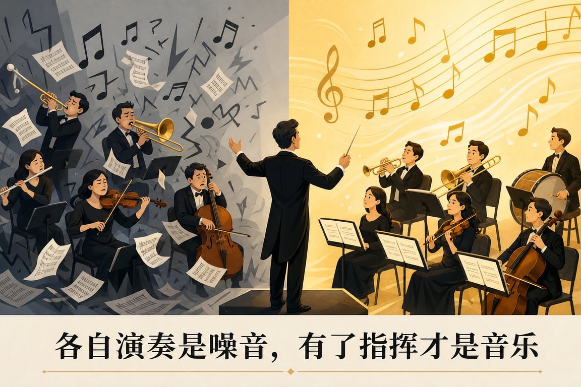 各自演奏是噪音，有了指挥才是音乐